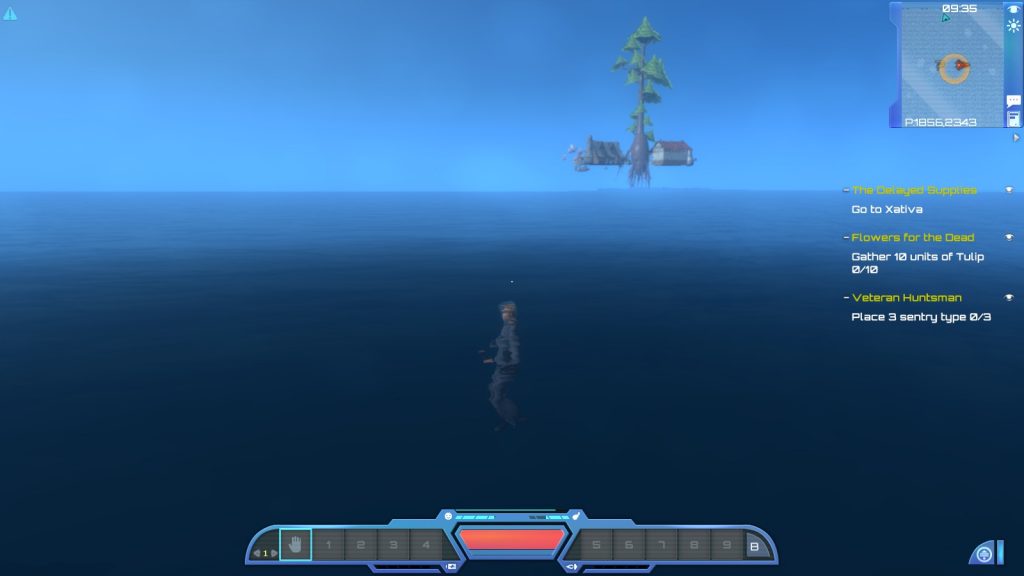 Pictured: Both the pop in (egregious) and a quest I can't complete because I can't put turrets in open water...